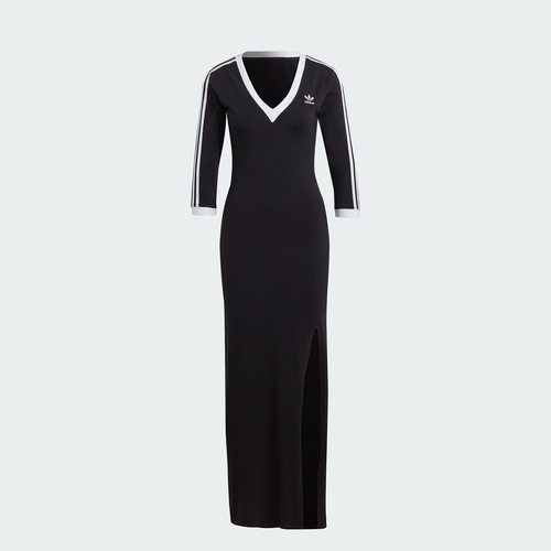 adidas时尚侧开叉V领修身运动中袖连衣裙长裙女款IK0439