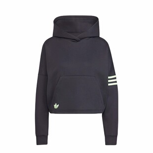 adidas originals三条纹拼色运动宽松套头连帽短款卫衣女款IU2497