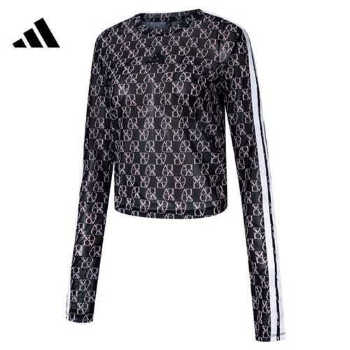 adidas  Dance AOP TOP 满印圆领修身长袖条纹 T恤 女款 JY7665