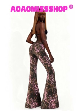 AOAOMISSSHOP鳌鳌家 欧美pink leopard print粉豹纹牛仔喇叭长裤
