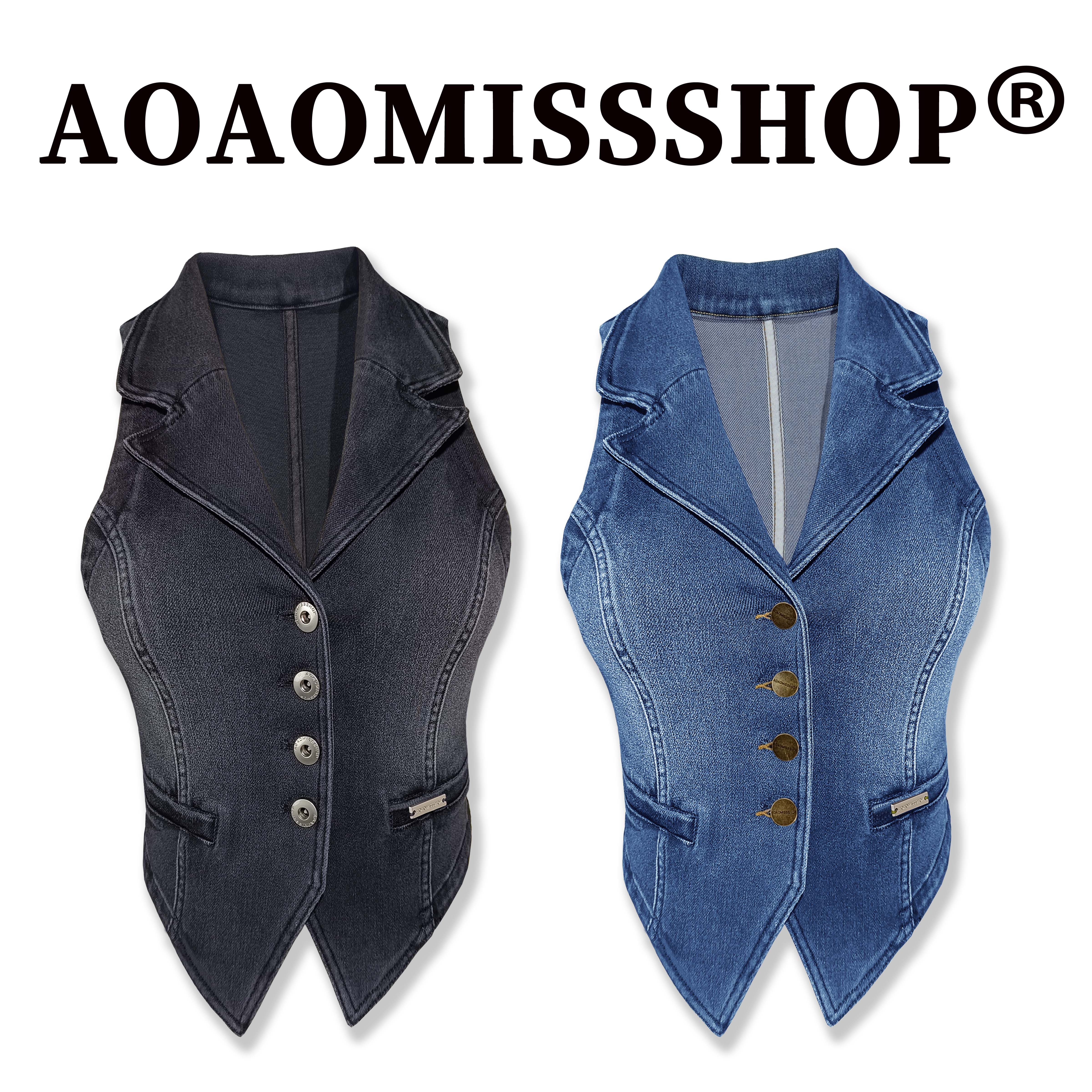【翻领牛仔马甲】AOAOMISSSHOP鳌鳌家 欧美百搭修身无袖背心上衣