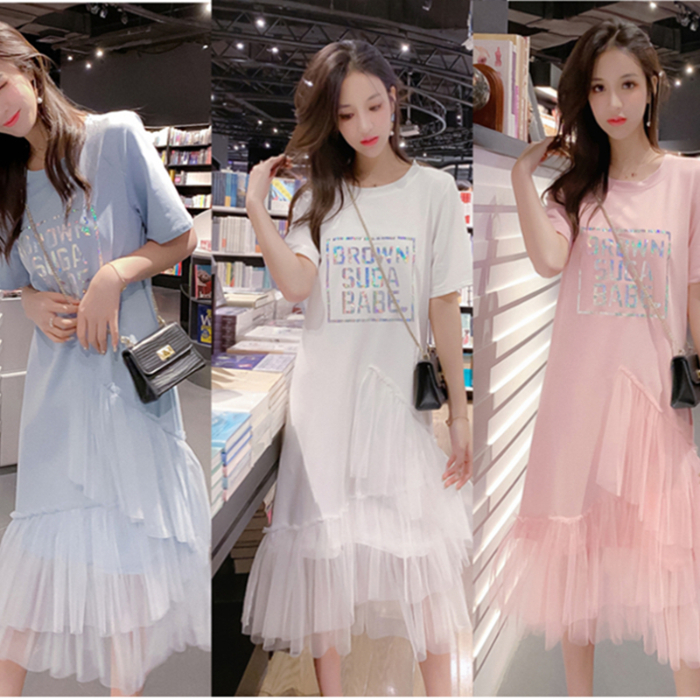 New popular summer skirt stitching mesh cake T-shirt dress fairy pompous skirt summer long skirt