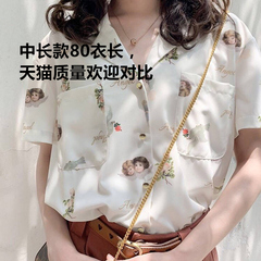 Angel print Japanese collar retro Hong Kong Style Short Sleeve Chiffon girl design top niche Hawaiian Shirt