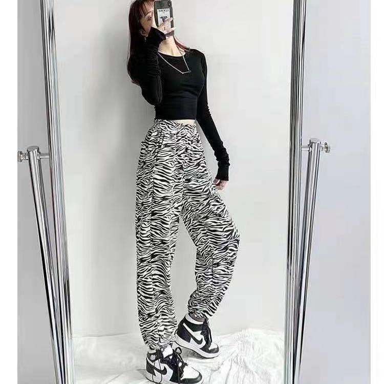 Retro zebra tie dyed drawstring Leggings women's high waist straight sports pants show thin elastic waist guard pants