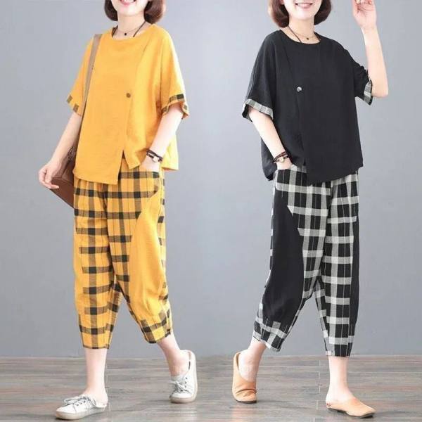 Suit women's new summer fashion large size foreign style show thin plaid pants short sleeve top two piece set