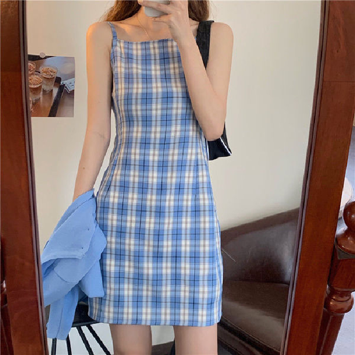 Retro Plaid suspender dress female new summer student shows thin and sweet temperament first love skirt