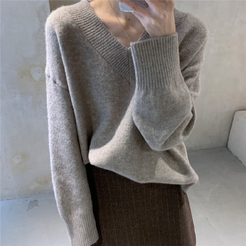 Lazy wind V-Neck Sweater for women loose and thin lazy wind spring and autumn wear knitted bottomed shirt outside and top inside