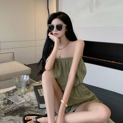 Strapless Jumpsuit women's bandage pleated wide leg pants waist closed loose shorts solid color pants Jumpsuit