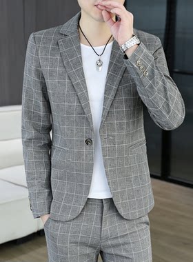 秋季韩版格子男修身西服两件套