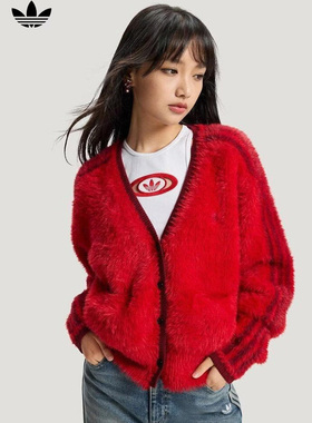 阿迪达斯三叶草灰色针织开衫2026新年红色运动服休闲V领夹克外套