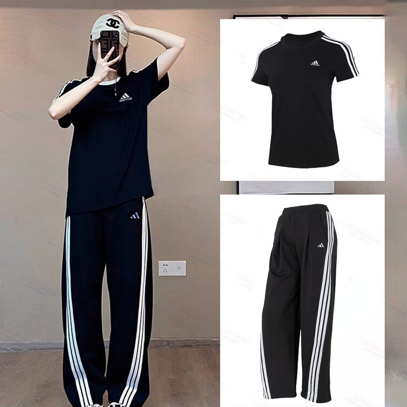 阿迪达斯套装女2026春季新款款宽松短袖T恤透气长裤舞蹈裤两件套