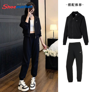 Nike耐克夹克长裤套装女冬新款宽松黑色连帽卫衣加绒休闲裤两件套