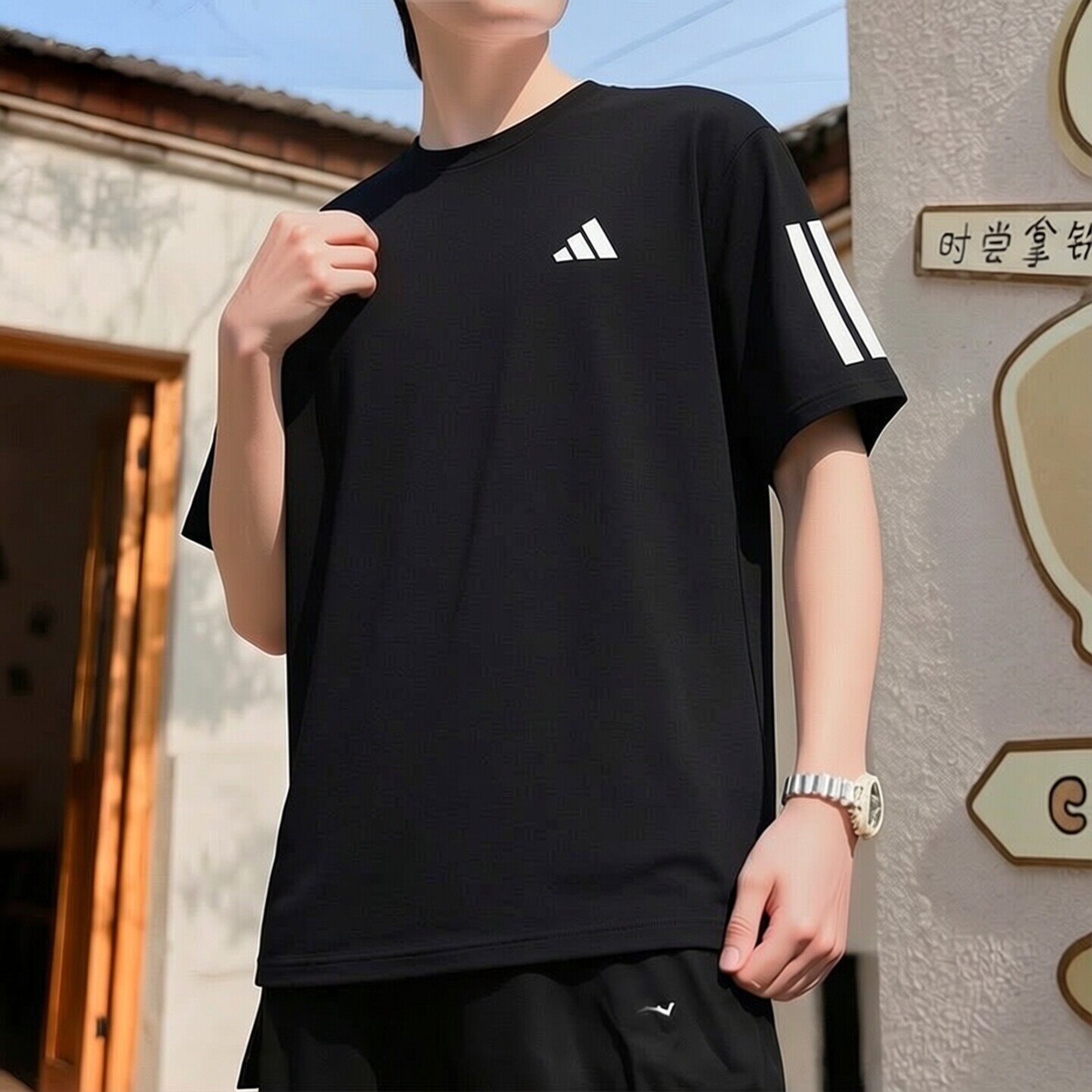 阿迪达斯官方正品黑色男款短袖2026夏季新款简约运动风三条纹T恤