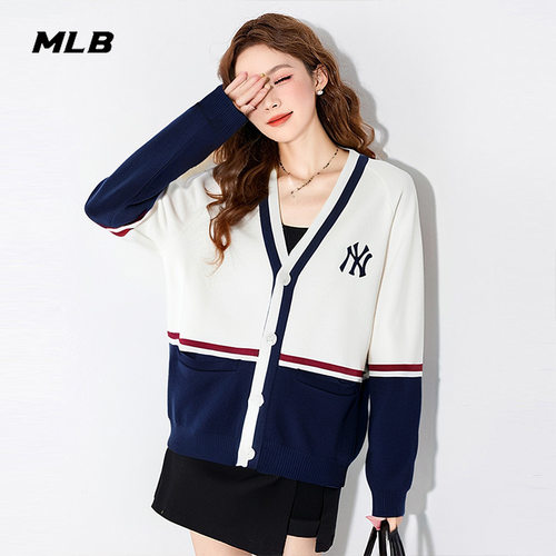 MLB学院风奶油色针织夹克新款男女同款运动休闲开衫3AKCV0144