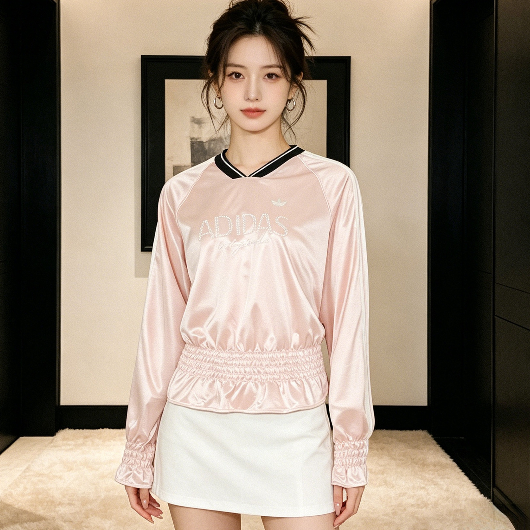 adidas阿迪达斯三叶草宽松球衣长袖T恤26春女装粉色套头衫KS2880