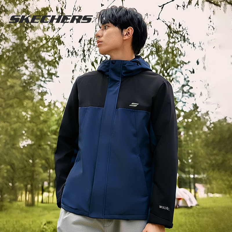 斯凯奇冬季新款男装潮流拼接梭织夹克外套户外运动休闲冲锋上衣