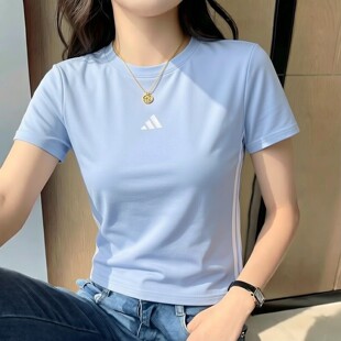 阿迪达斯短袖女2026夏季新款跑步健身训练运动T恤蓝色半袖JE1227