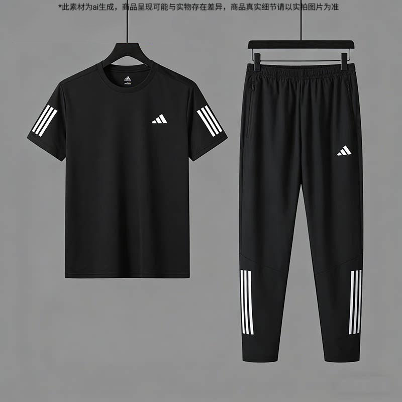 阿迪达斯男子短袖套装夏季新款速干透气圆领运动服上衣三条纹长裤