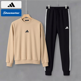 阿迪达斯卡其色卫衣黑色长裤套装男款2025秋冬款运动休闲两件套