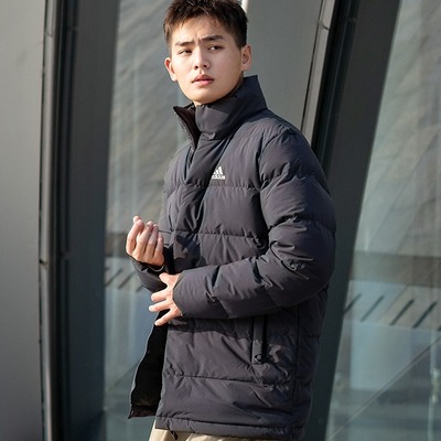 Adidas阿迪达斯方格羽绒服男款冬季款中长款立领保暖夹克羽绒外套