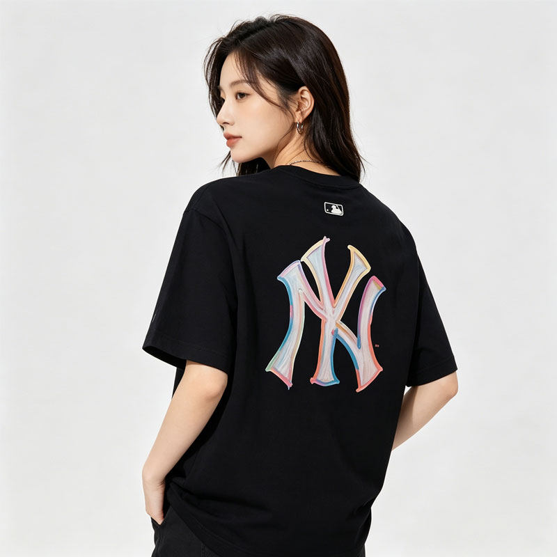 MLB短袖女子黑色运动上衣夏季新款官方户外休闲服简约透气圆领T恤