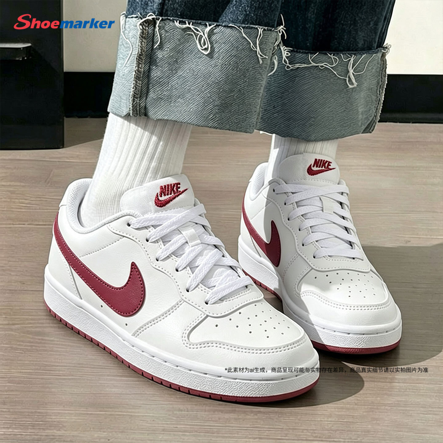 耐克夏季新款男女鞋大童鞋NIKE COURT酒红低帮休闲鞋轻便运动板鞋图片