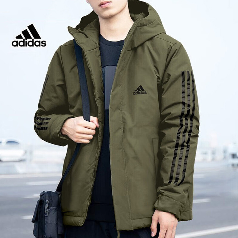阿迪达斯墨绿色棉服男装秋冬保暖新款运动外套大衣男士棉袄厚外衣