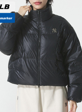 MLB官网NY黑色短款羽绒服女装2025冬季新款保暖立领外套3FDJB2056