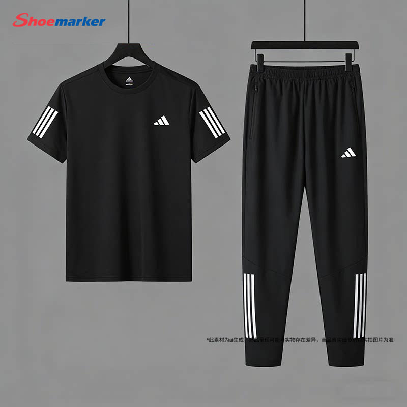 阿迪达斯男子短袖套装夏季新款速干透气圆领运动服上衣三条纹长裤