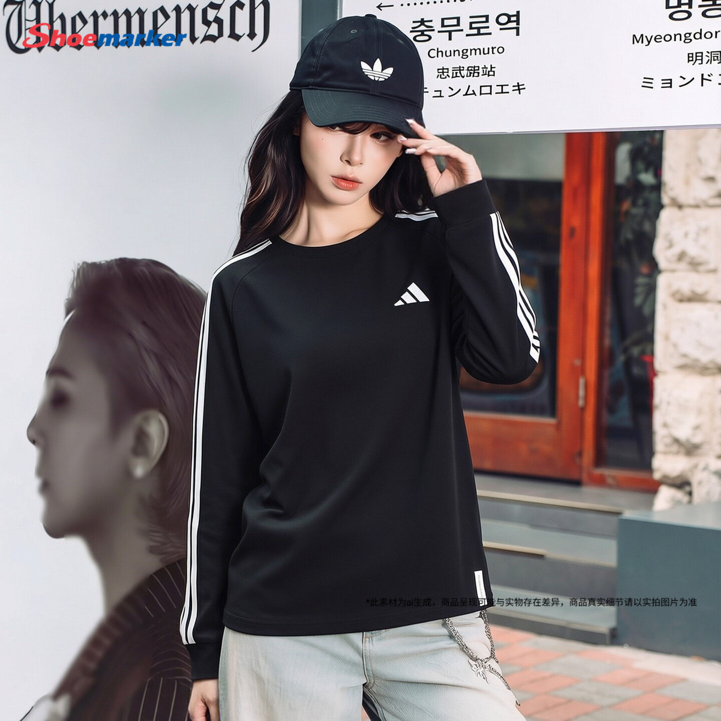 阿迪达斯女装针织卫衣正品休闲运动服2026秋季新款三条纹长袖T恤