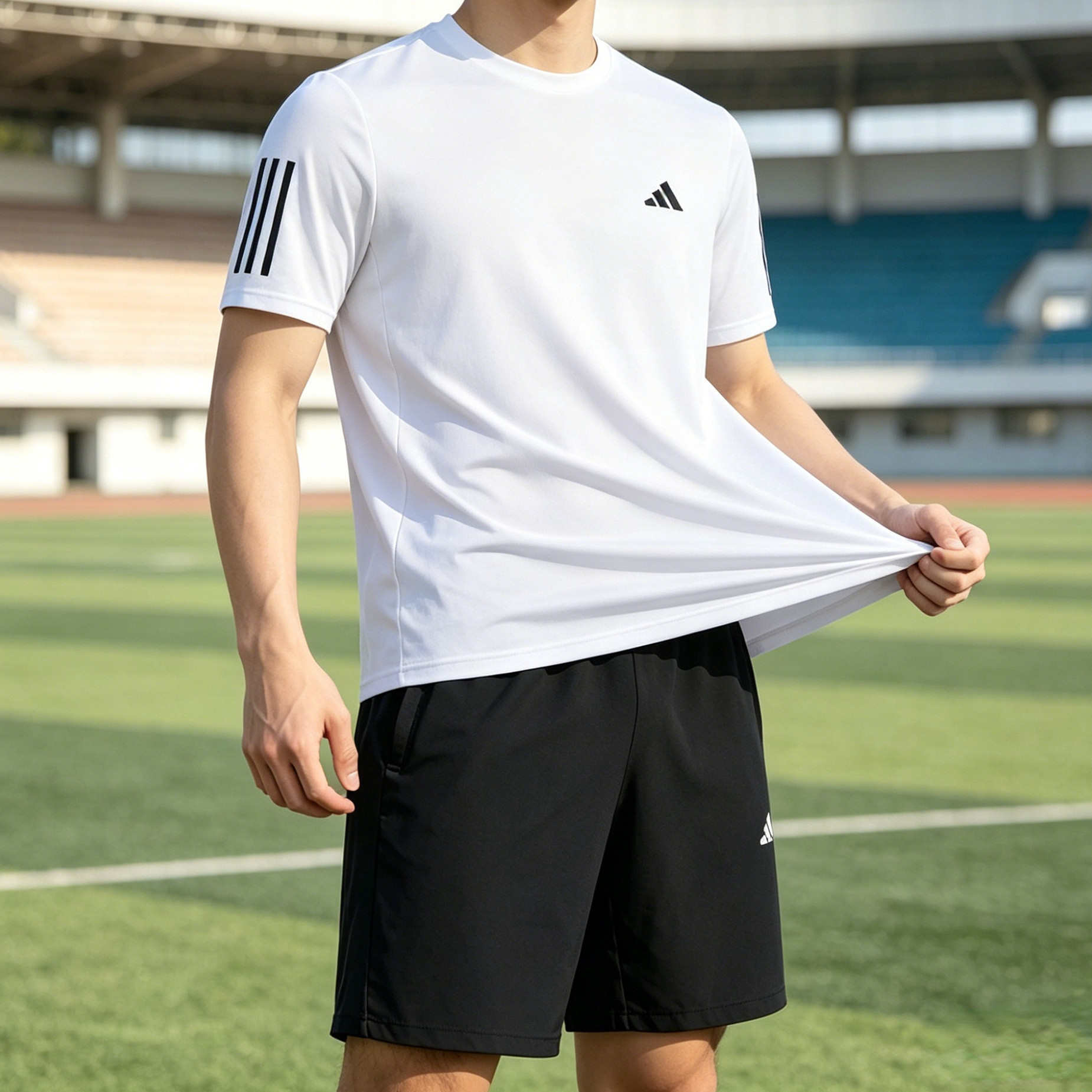 阿迪达斯三条纹短袖男装2026春季新款透气健身运动速干T恤KU8727