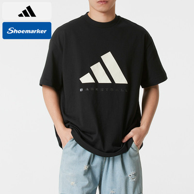 Adidas阿迪达斯休闲运动风短袖T恤男黑色BASKETBALL印花亲肤上衣