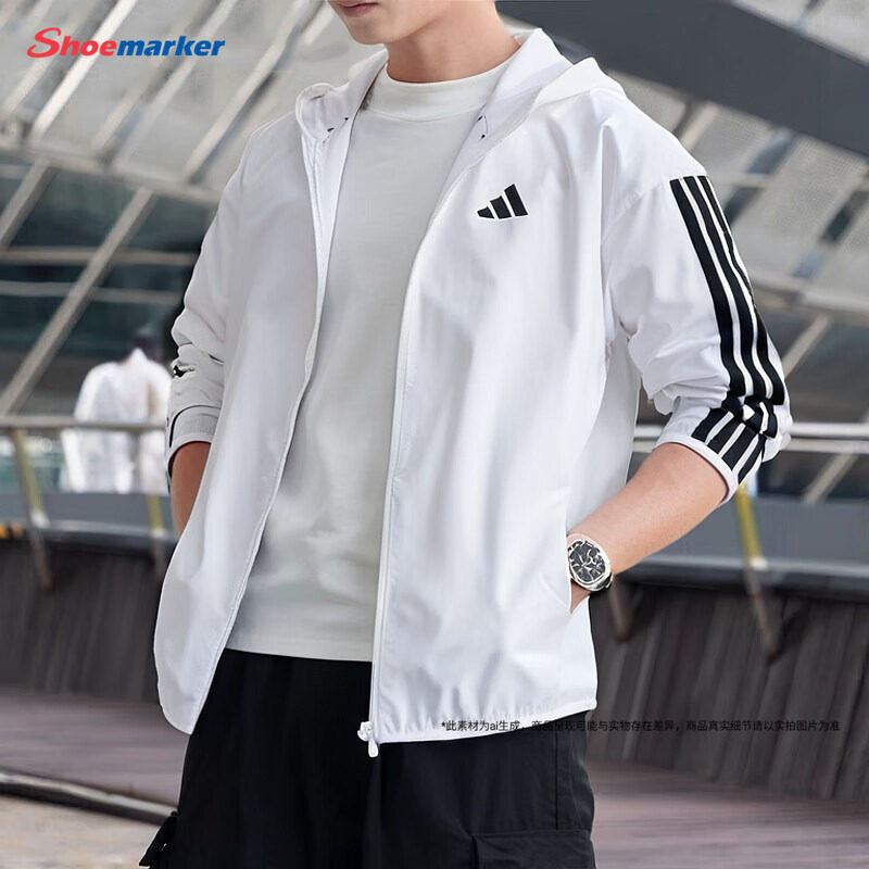 阿迪达斯薄款衣男款外套夏季新款正品运动服白色连帽休闲夹克图片