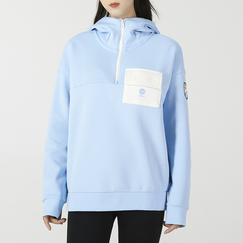 Adidas阿迪达斯天蓝色卫衣女2024春季新款连帽运动服宽松外套上衣