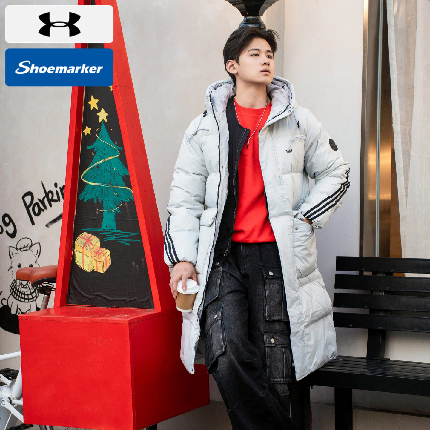 圣诞新年套装男红黑撞色阿迪羽绒服彪马圆领卫衣安德玛背心三件套