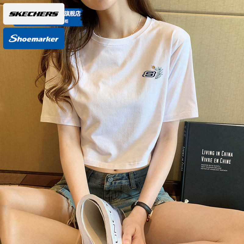 斯凯奇官方夏新款纯棉女子T恤衫花朵刺绣短袖休闲运动服内搭上衣