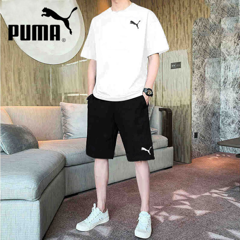 PUMA 푸마 스포츠 정장 남성 2024 겨울 신작 라운드 넥 캐주얼 티셔츠 반팔 반바지 통기성 투피스 세트