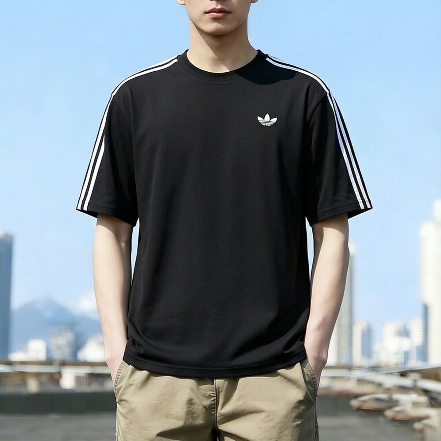 adidas阿迪达斯三叶草黑色T恤男装夏季新款宽松透气休闲运动短