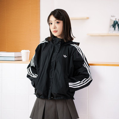 阿迪达斯三叶草外套女2025新款黑色运动上衣三条纹复古夹克JX1451