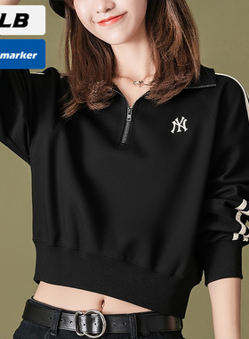 MLB官方NY黑色女装2025冬季新款运动服短款半拉链套头衫3FMTV1354