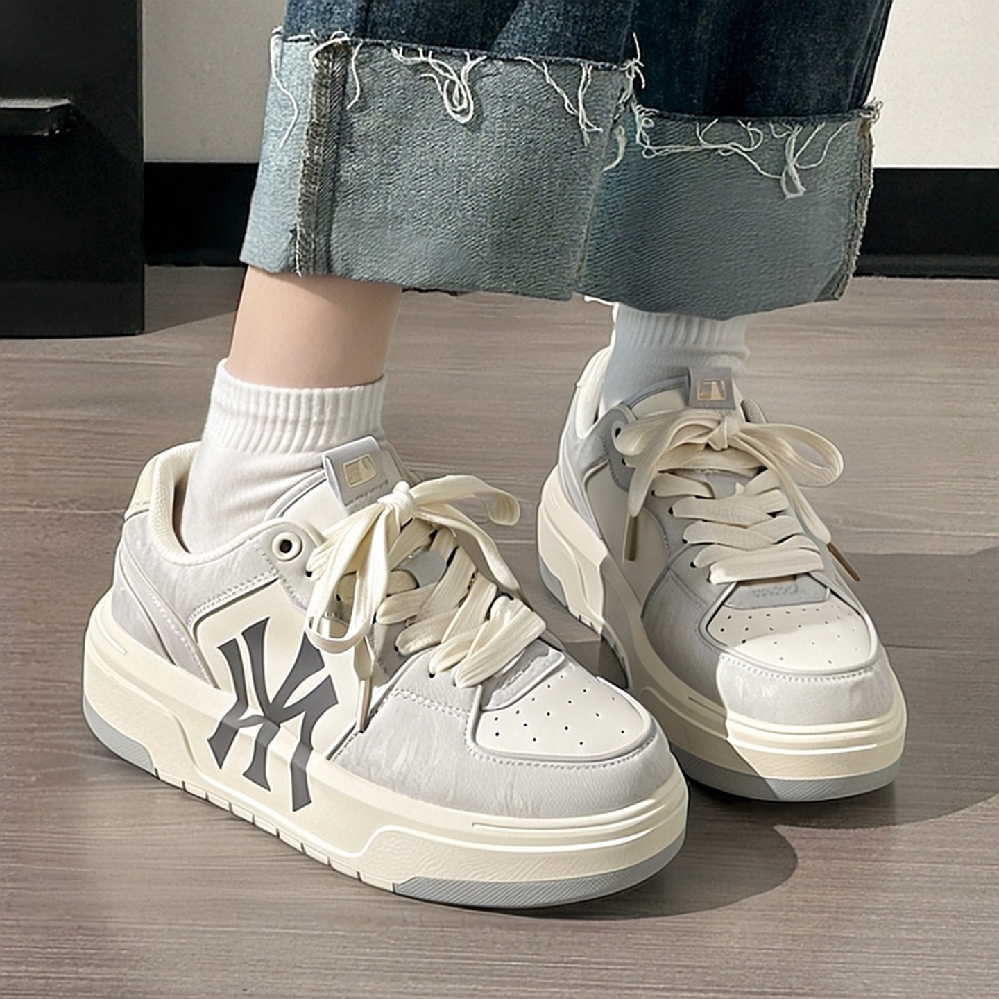 MLB官方正品情侣鞋男女鞋复古小白鞋新款NY标厚底鞋休闲鞋学长鞋