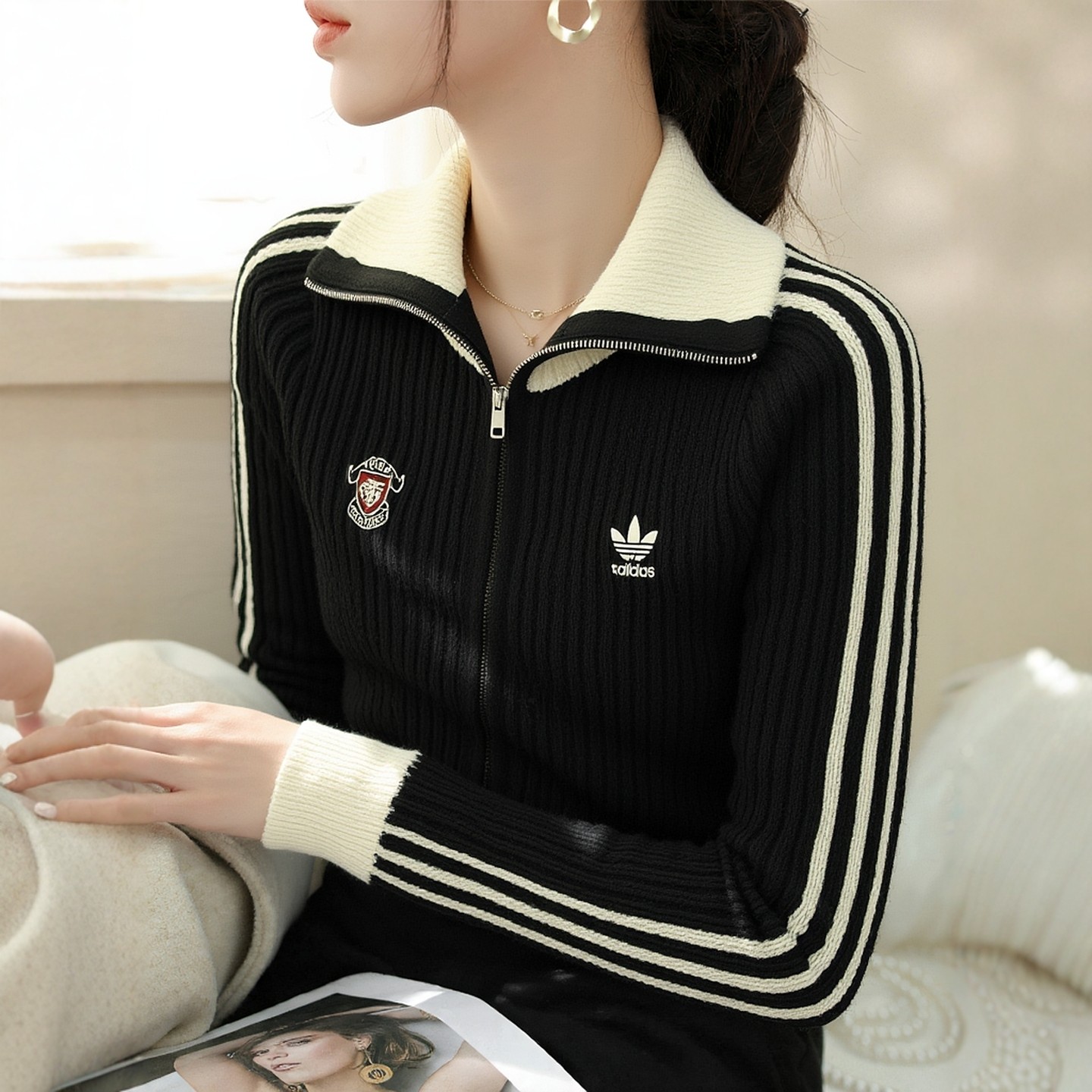 阿迪达斯三叶草官方正品女子休闲夹克秋季新款舒适针织外套KF0718