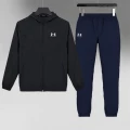 Black hooded jacket + navy pants / woven 2-piece set