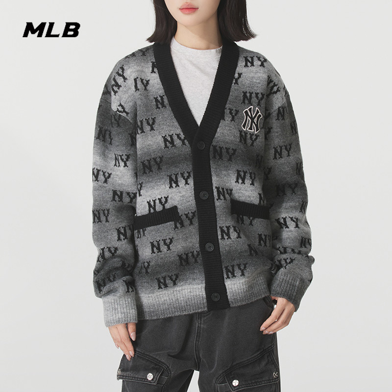 MLB大V领毛衣夹克男女装2025秋季新款针织宽松运动外套3AK