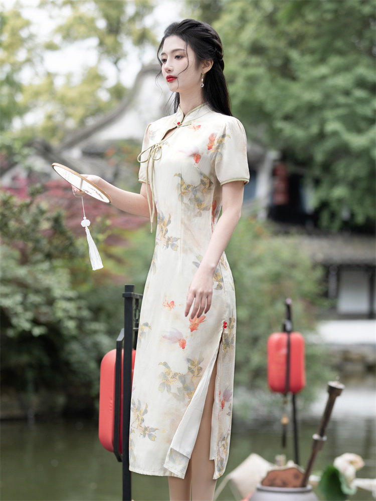 小金鱼印花新中式改良旗袍女夏季民国风知性优雅年轻款连衣裙