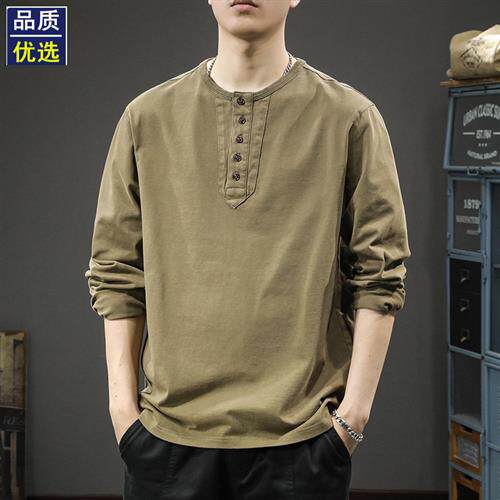 春秋潮牌复古亨利领长袖t恤男2025新款春季纯棉休闲卫衣打底衫ins