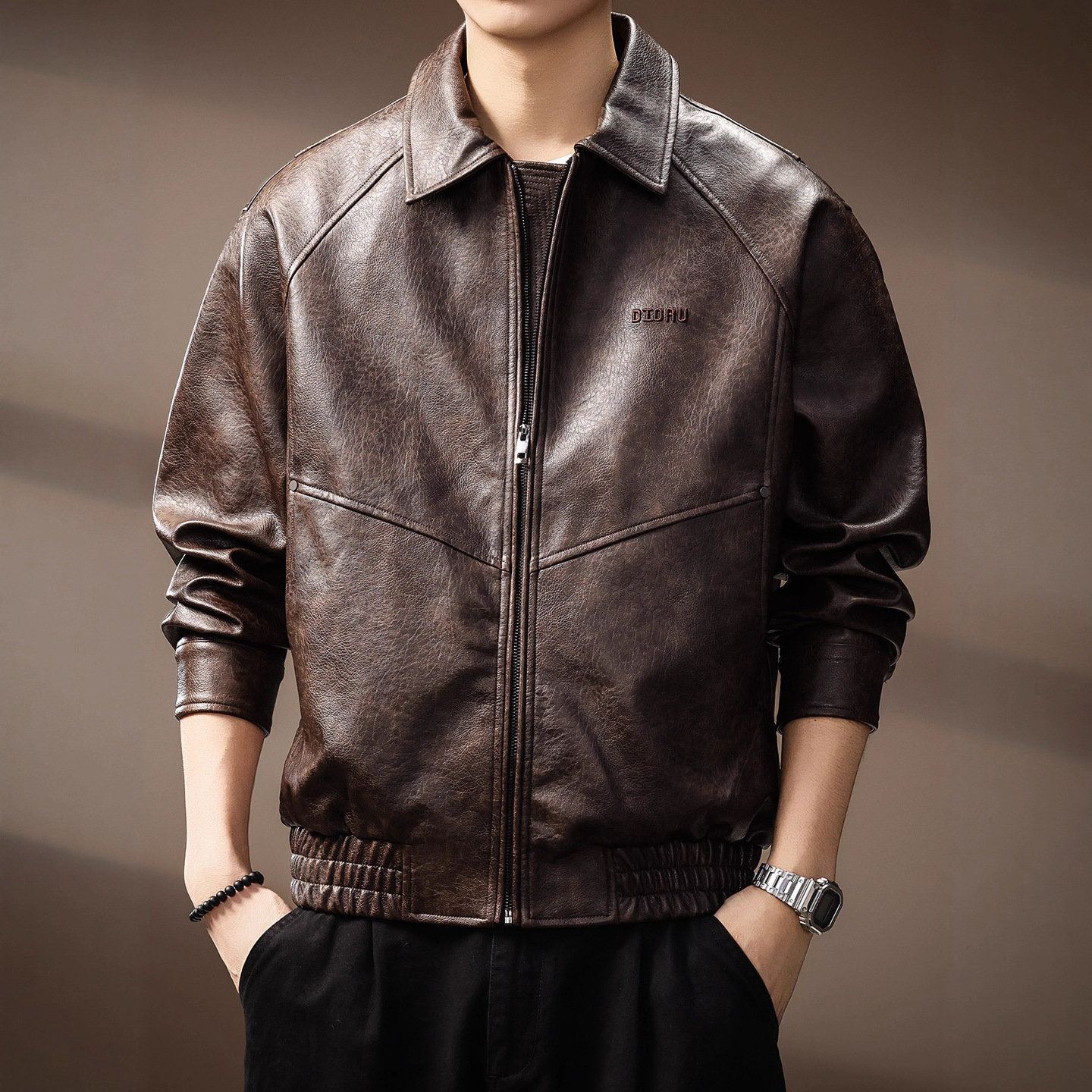 高端复古老钱风PU皮衣男