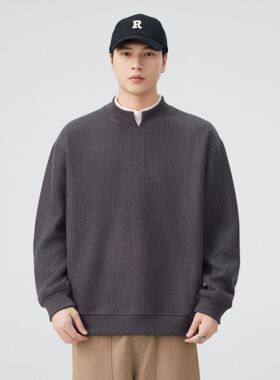 秋冬深灰色假两件卫衣男士2025新款小V立领宽松长袖针织休闲外套