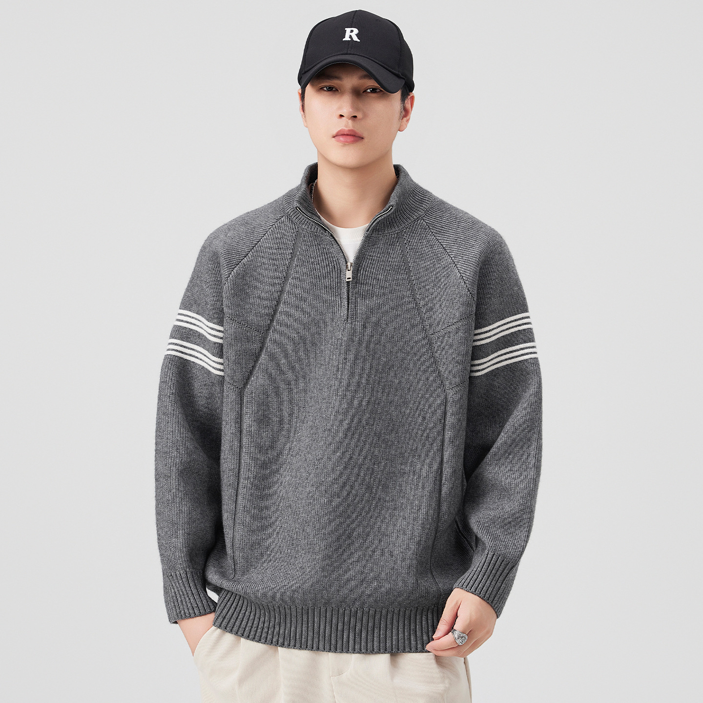 半高领拉链拼色毛衣男宽松