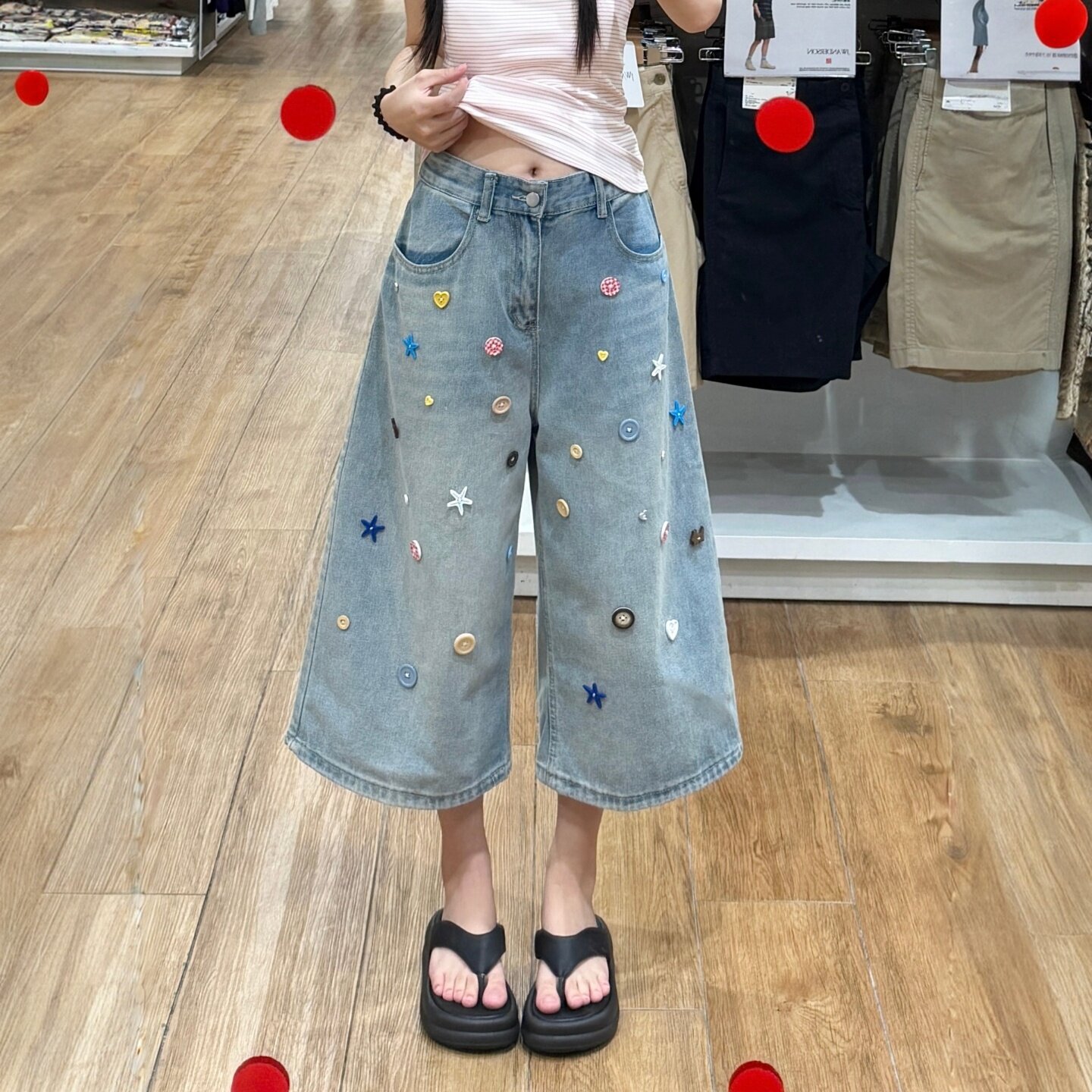美式复古水洗七分阔腿牛仔裤女